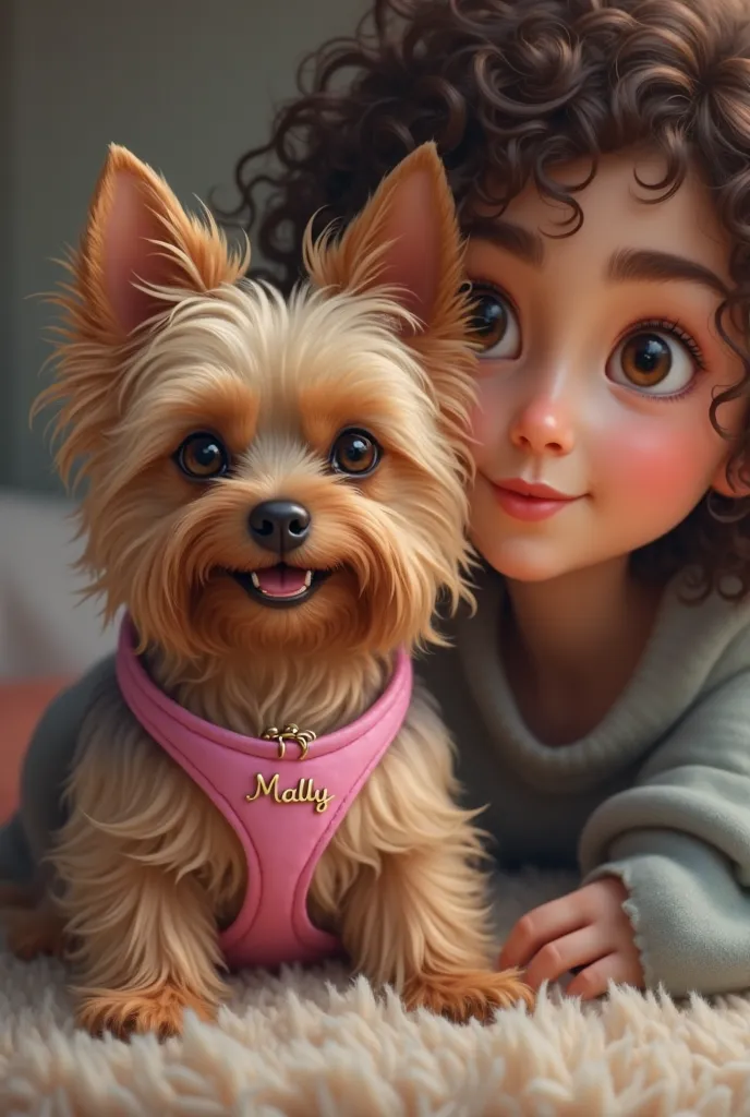 Yorkie dog with a pink necklace that says Molly next to her owner with curly hair with full eyebrows