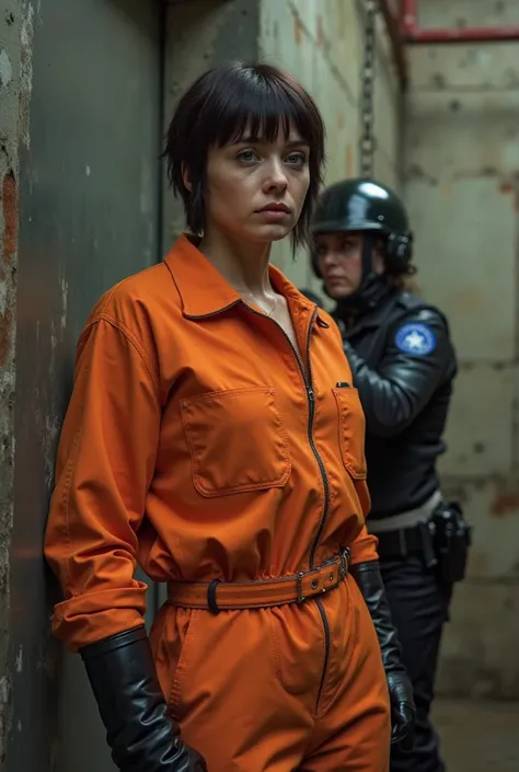 A French woman with short hair and fringe haircut, in chaingang forced labour. A police woman in leather is whatching her. She's wearing a zipped  orange prison jumpsuit, black Hunter rubber boots. Fullbody veiw