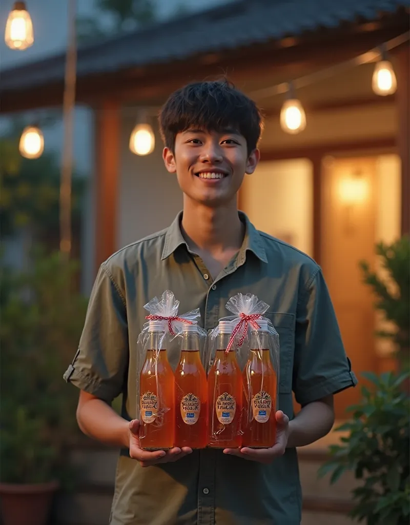 (photorealism:1.2), young man short black hair, wearing short attire clothes and long trousers, looking at camera, he was standing outdoor his house by carrying forward several tea in plastic bottle of pucuk brand in clear plastic package and ribbon tied u...