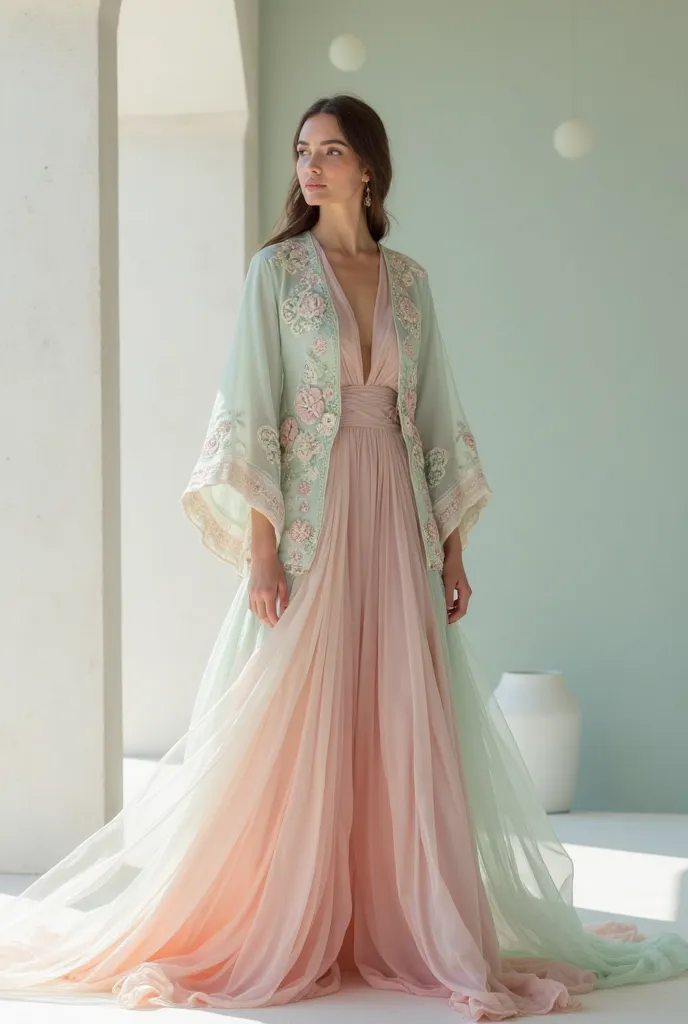 Design turkish style long coats for a woman in pastel colors