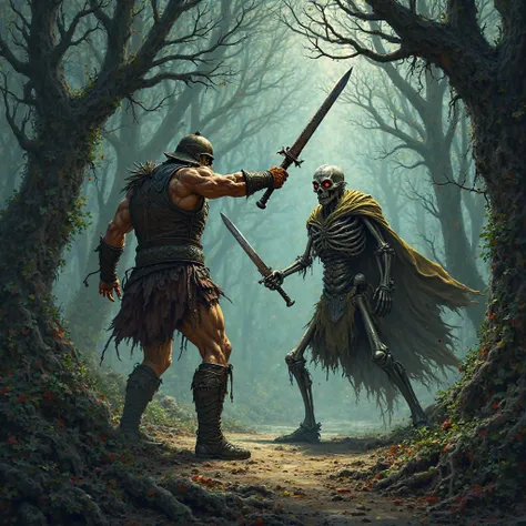 Generate for me a dramatic and terrifying comsectual art style illustration. Imagine a Bronze Age warrior fighting in a dark and dark forest against another undead soldier. 