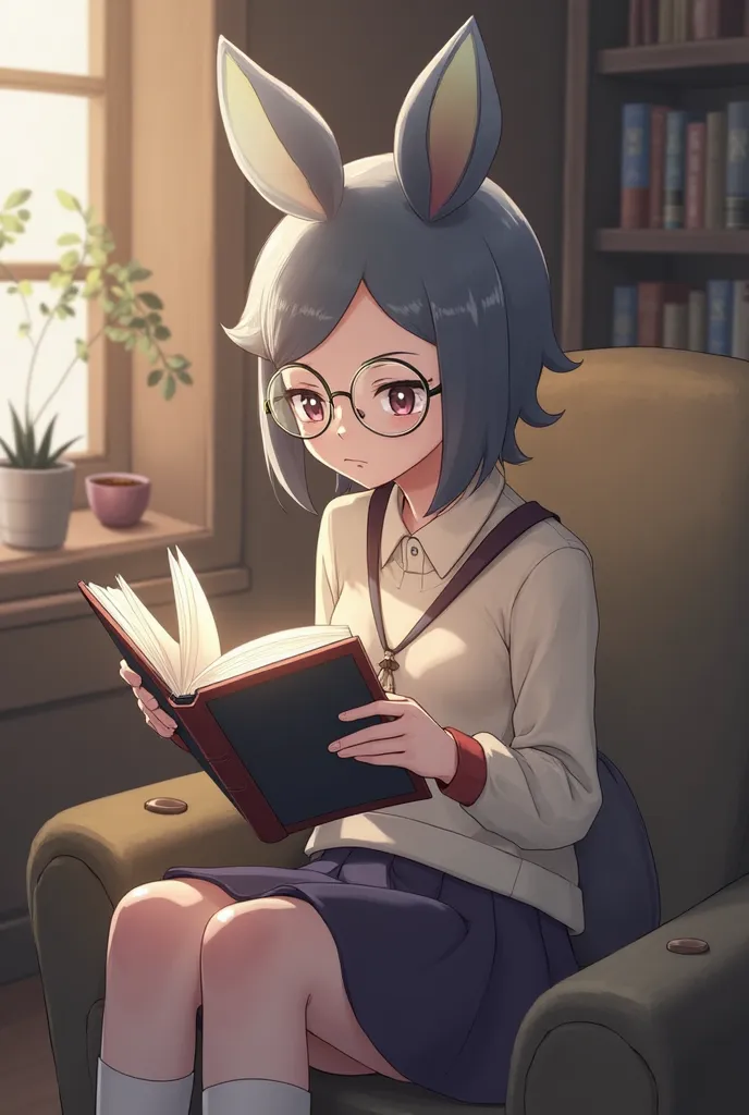 Pokémon Narumi is wearing round glasses and reading a book