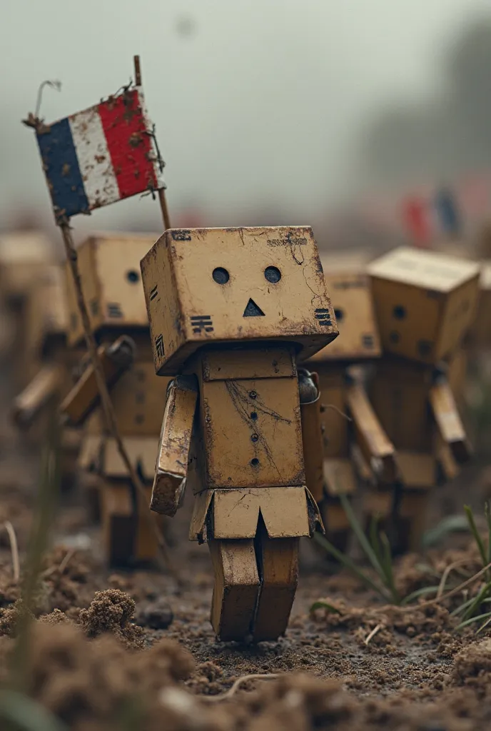 Des patriote français en carton où sur son torse il y'a le drapeau français.  Fuyant le champs de bataille en pleurant 