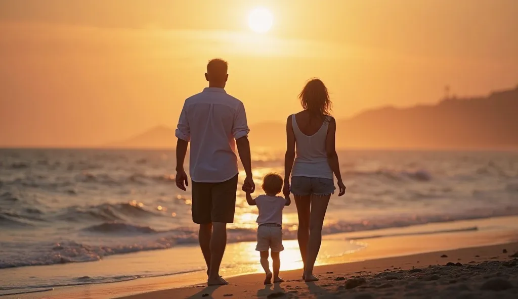 A tranquil beach at dusk .  Dave , now fully recovered, walks alongside his parents, holding the hands of both. Linda and Thomas look at him with love and gratitude. the sea reflects the golden tones of the sunset, creating an atmosphere of peace and fresh...