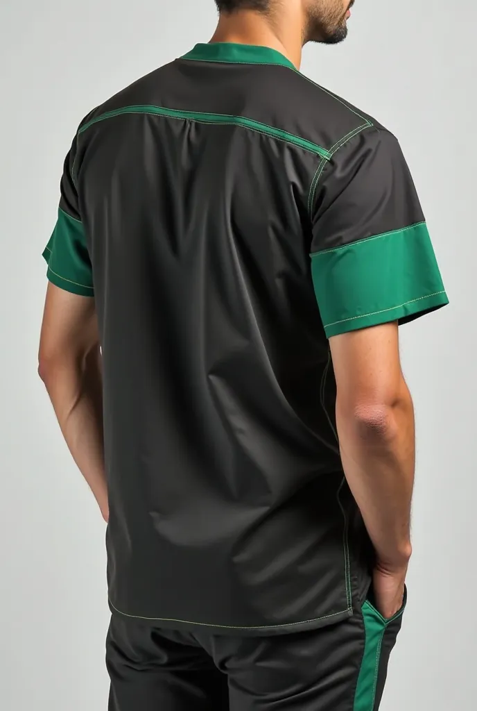 “Modern health scrub shirt design with black and green theme. Baju scrub berarm pendek dengan warna hitam sebagai warna utama, accompanied by green accents on V-neck collar, arm, and side pockets. Slim-fit design with three pockets (two on the bottom and o...