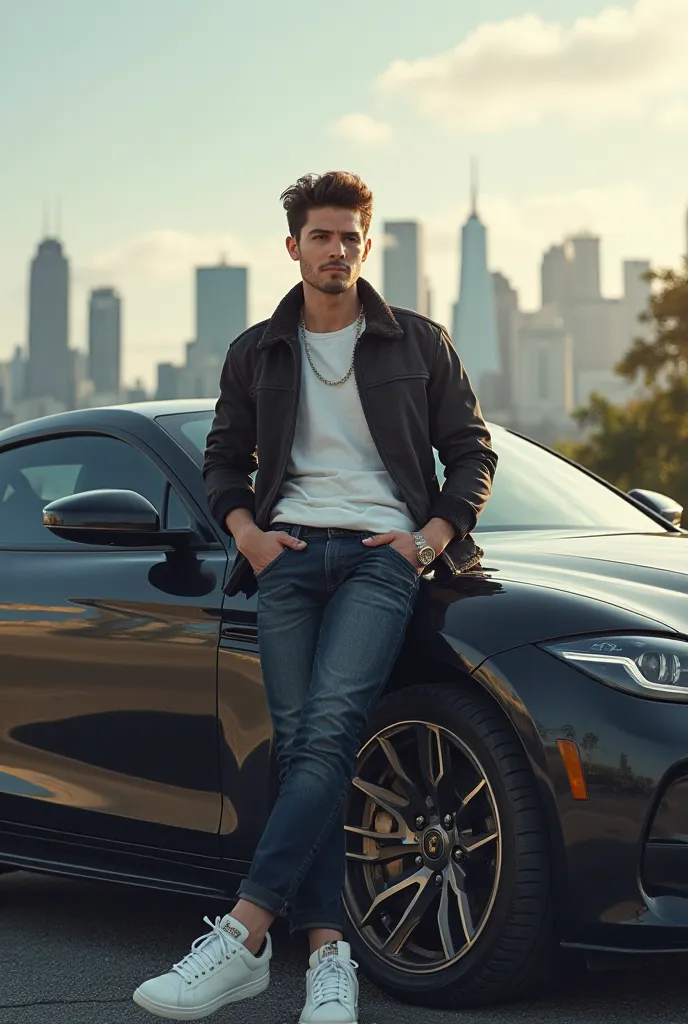 A hansam Boy sitting on a car