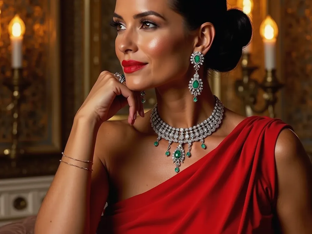  a woman with tanned skin, with hair tied in an elegant bun, wears a vibrant red dress with a deep neckline. She is in a glamorous setting with golden lights in the background. A cascading diamond necklace wraps around her neck, emerald pendant earrings da...