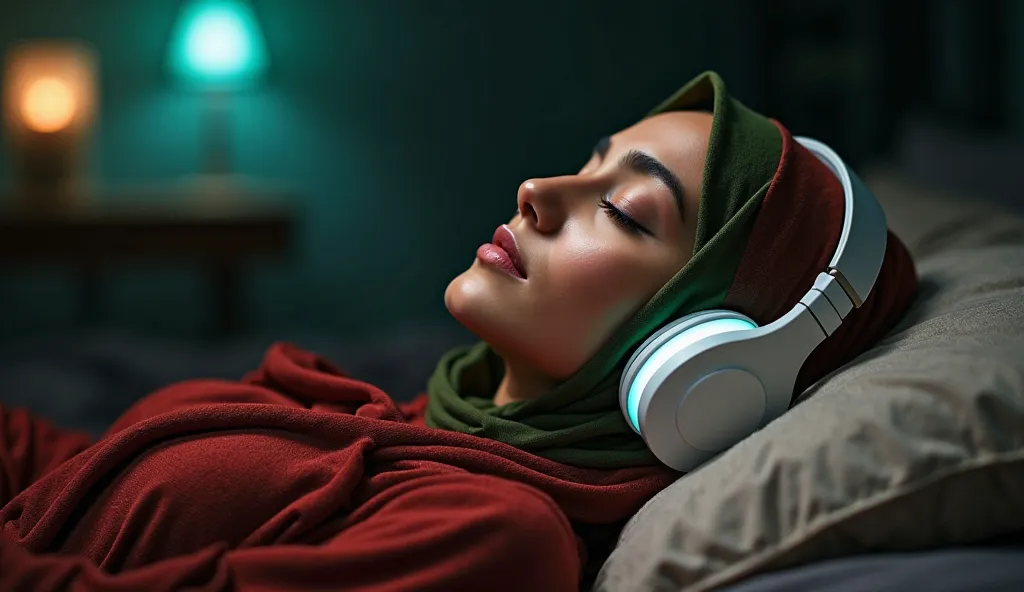 A beautiful MUSLIM women, wearing a  red and green hijab, is lying on a pillow with his eyes closed, listening to something through large, glowing white headphones. The scene has a peaceful and relaxing atmosphere, with soft lighting. . A subtle glowing ef...