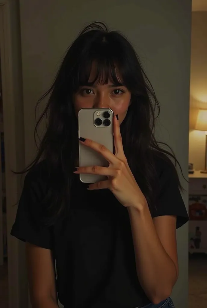 Latin girl, taking a selfie, black hair, bangs on the forehead, on the mirror taking a selfie holding a , in the bedroom, Age, homemade, iPhone, dark room, Hiding my face with the phone, black shirt, 18 year old girl ,  very young