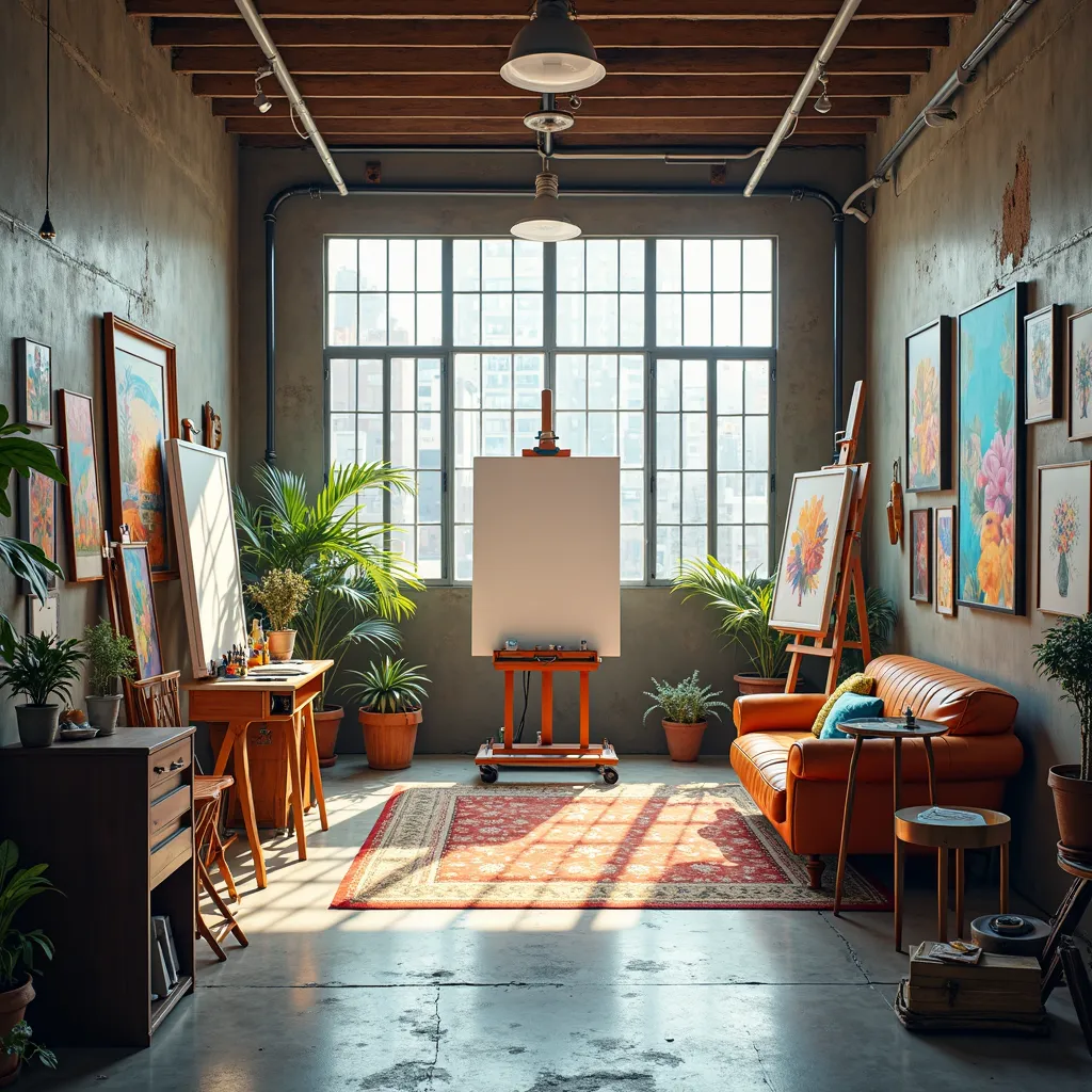 art studio, high ceilings large open space, industrial warehouse, big iron window on the side, camera facing artwork Artwork on the wall, focus on artwors, blank canvas, canvases on the floor, crowded but sophisticated, stilish vintage couch, table with br...