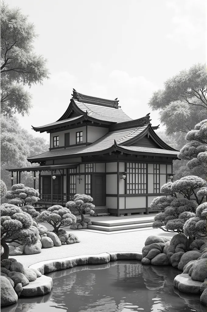 Create a black and white picture of a Japanese house

