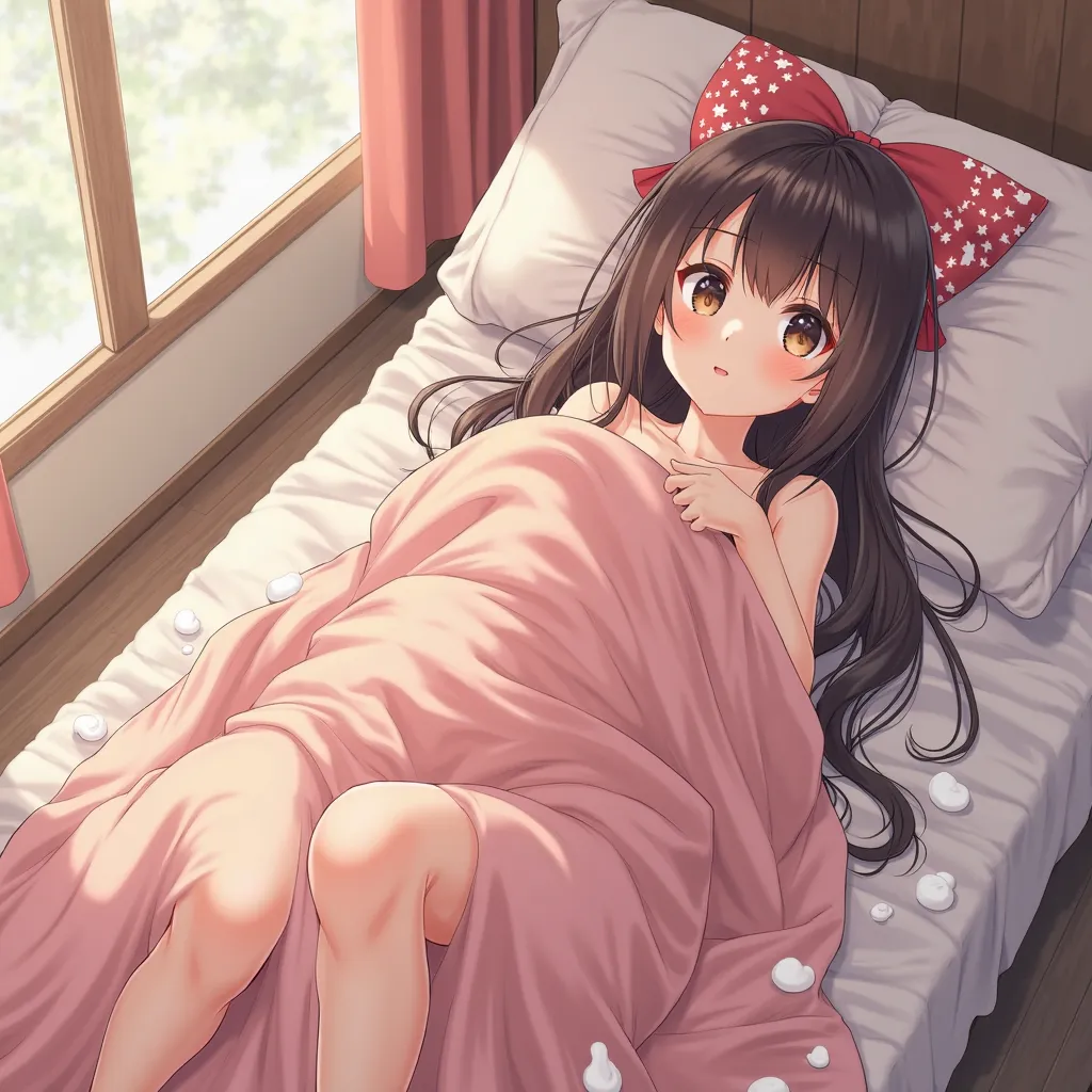 Hot anime girl, ,  lies on the bed in a sexy position ,  completely covered by a blanket ,  her head and body under a warm blanket,  long hair stick out of the blanket ,  cramped room,  legs and arms bulge out of the blanket , soft bed , naked,  a large bo...