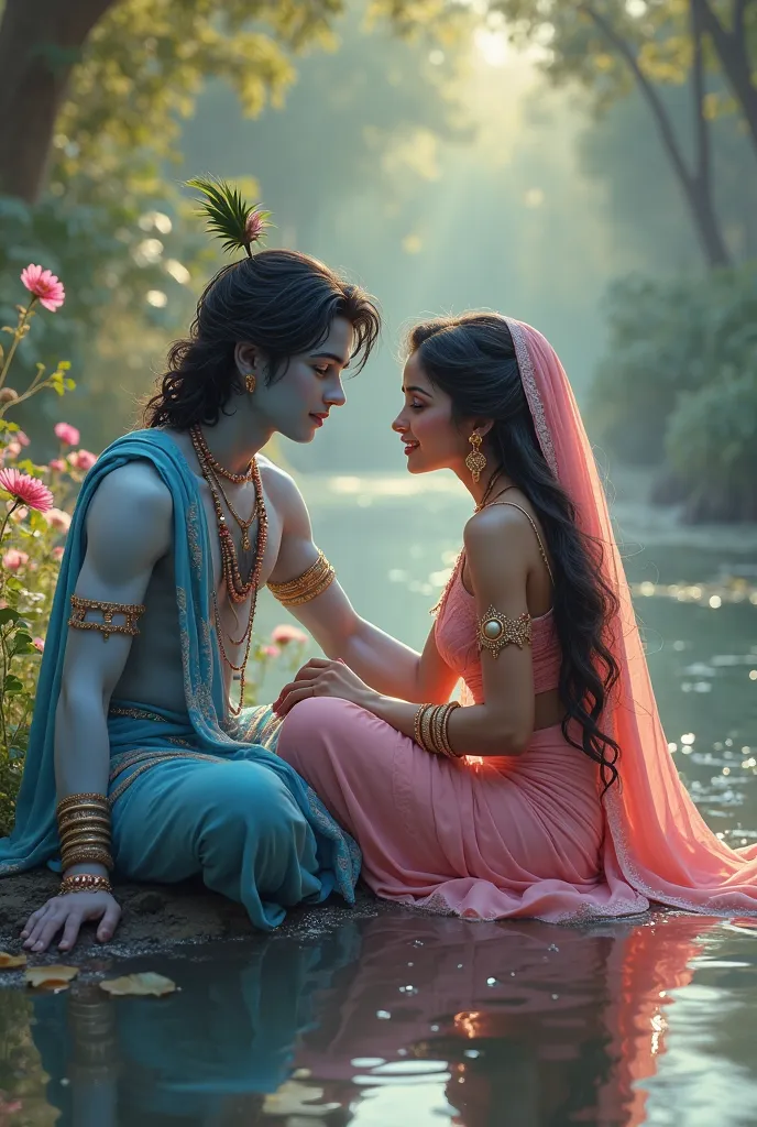 Krishna and Radha sitting river side and looking for Krishna Radha so cute smile Radha Krishna wearing blue dress and Radha warning Pink saree 