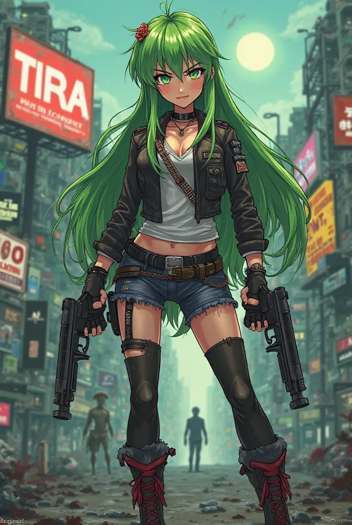 cute badass anime style with long green hair, whole full body portrait, holding two guns, zombie apocalypse theme, visible background TIRA logo billboard on top, big name tag MAYUMI XIENT on chest and belt