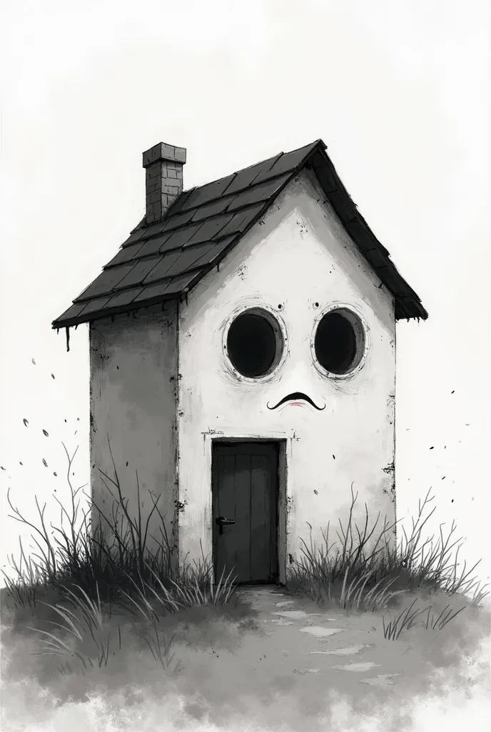 Create a black and white illustration of a little house with eyes and mouth that feels sad and lonely