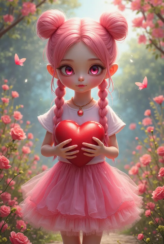 Girl, pink eyes, face and eyes in the shape of a Heart dark pink skin, pink skirt pink shoes pink necklace pink ling breads hold a red heart in her hands Summer body