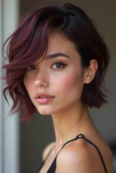 A beautiful 23 years old woman, dark burgundy short asymmetrical bob hair, features like a beauty pageant, feisty and bold look, fair skin. Realistic, detailed, side profile, tilted towards camera, dead eye contact.