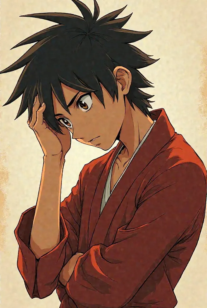 Make Zuko, animated character, and make him like he is thinking something, and he is putting his hand on his head because he's thinking.