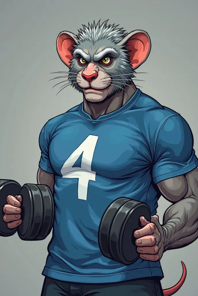  Generate a HQ-style illustration of a gray-haired humanoid gym rat from the waist up performing a repetition of biceps with a dumbbell in the concentric phase of the exercise using the left hand and with a hard working face wearing a blue t-shirt with the...