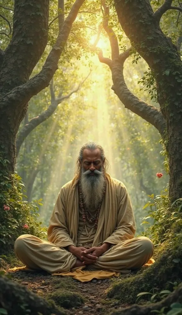 Ancient hindu sage meditating in a Deep forest, Devine energies surrounded by him