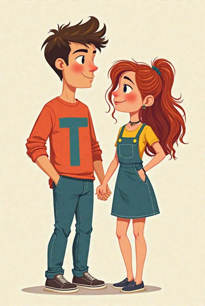 Image d'un très jeune couple homme et femme version cartoon avec la lettre  T majuscule sur le vetement