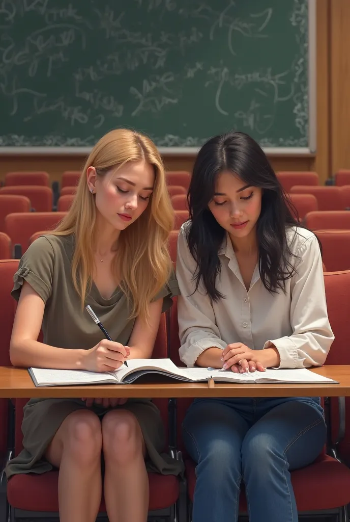 2 young women at the university sit in the auditorium and write, 1 European with blonde hair in the dress. The other Turkish with black hair, blue jeans and white blouse