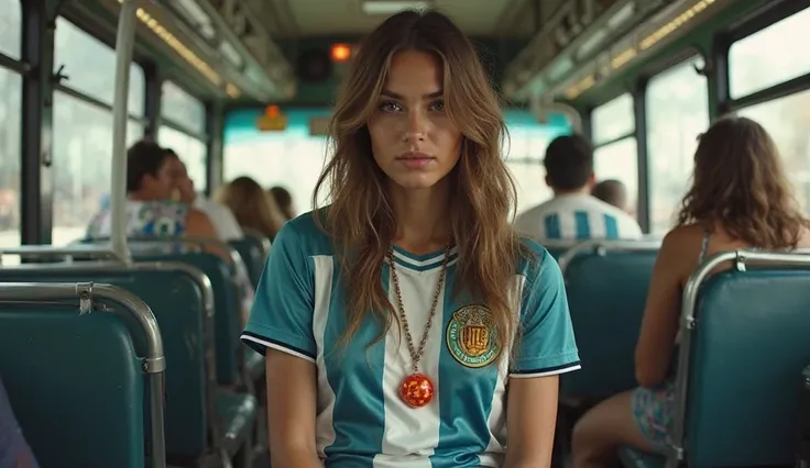 A woman wearing a long necklace with a large acrylic G letter ball chain around her neck is riding a bus wearing a soccer uniform
