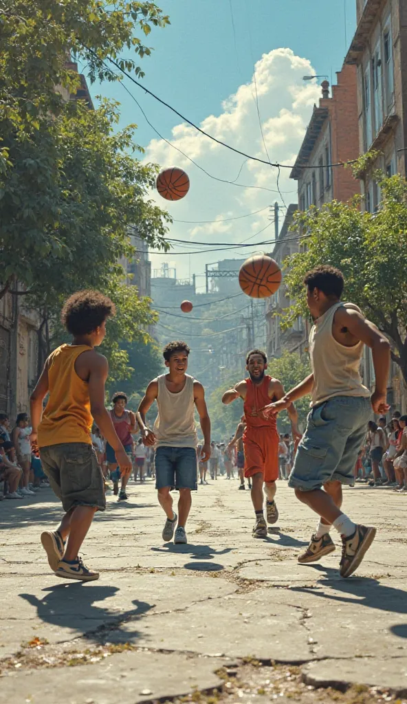 Artificial realism image,  playing on the street playing ball and pick up 