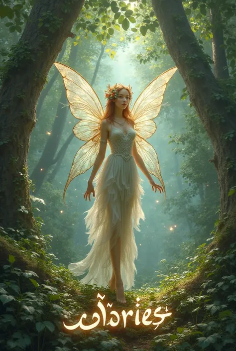 A picture of a fairy behind it is a background of forest and trees. It stands on the word stories in Arabic and the stories of the word stories are in beautiful handwriting