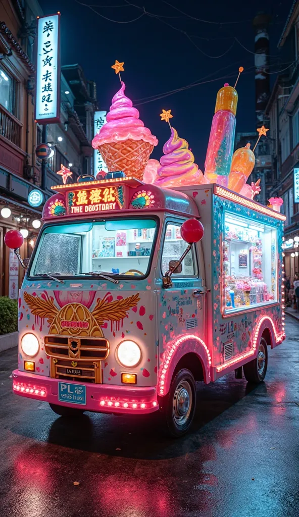 A highly detailed and vibrant Japanese 'Dekotora' truck, decorated with colorful neon lights and intricate artwork, merging with a surreal ice cream theme. The truck is adorned with giant ice cream cones, melting popsicles, and swirls of whipped cream, ble...