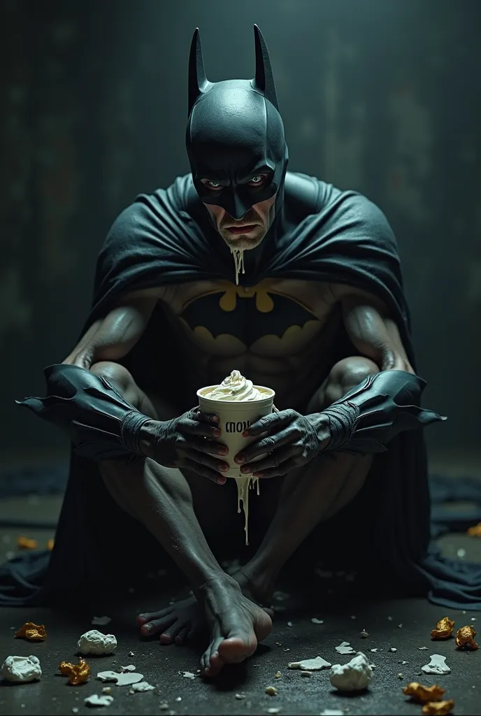 Anorexic Batman crying while eating ice cream