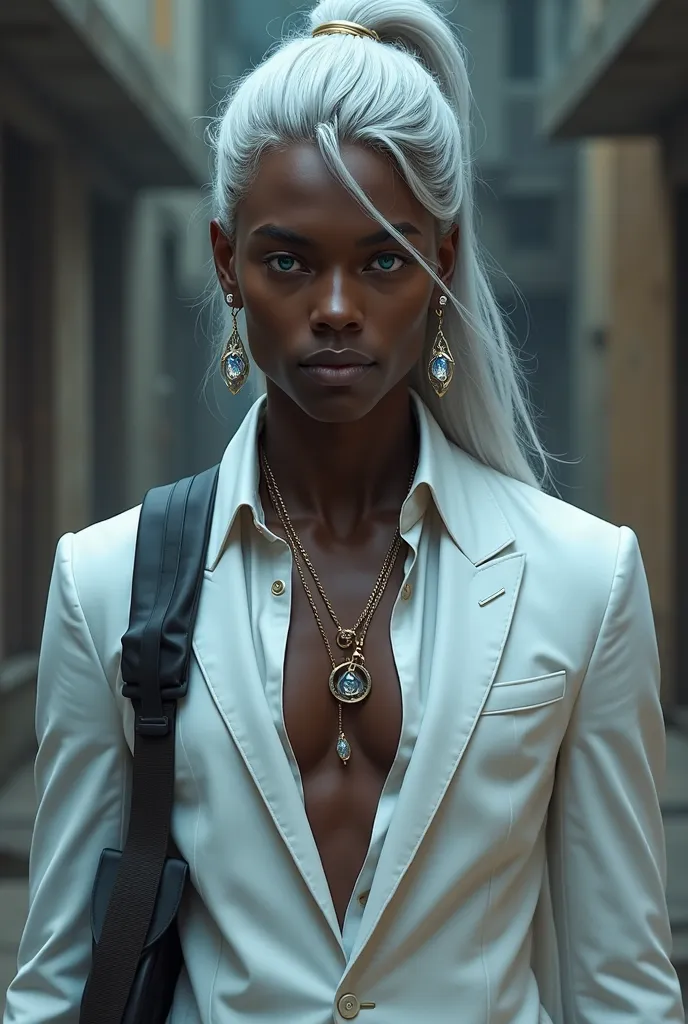 a dark-skinned man with long silver hair weighing in a bun, leaving a lock over his face going up to the height of his nose, deep blue eyes, over her ears large crystalline earrings, wears a white suit without ties, She carries a bag over her body 