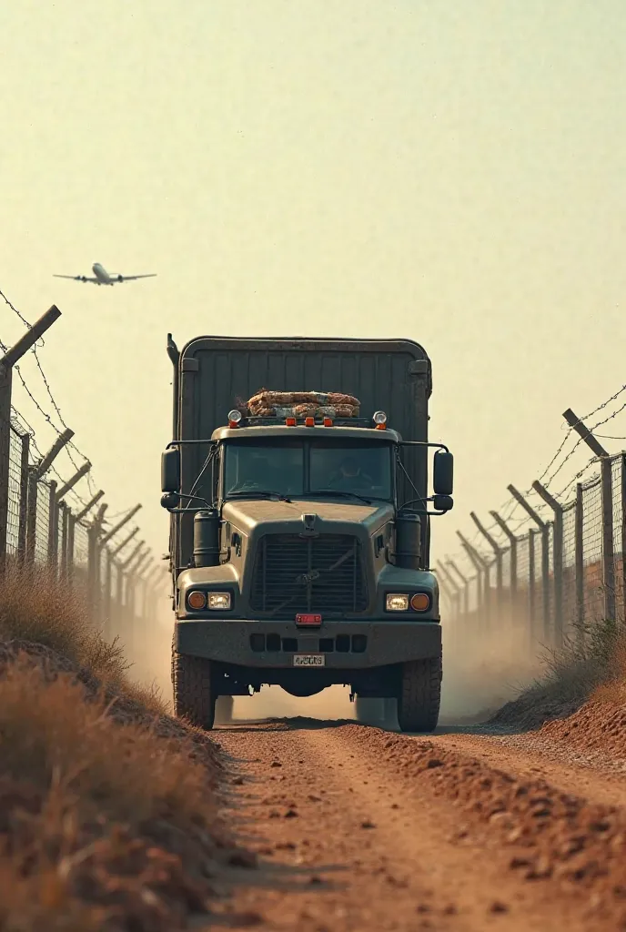 Create an image of a black cargo truck on a dirt road that is across the border with barbed wires and a small plane up in the background