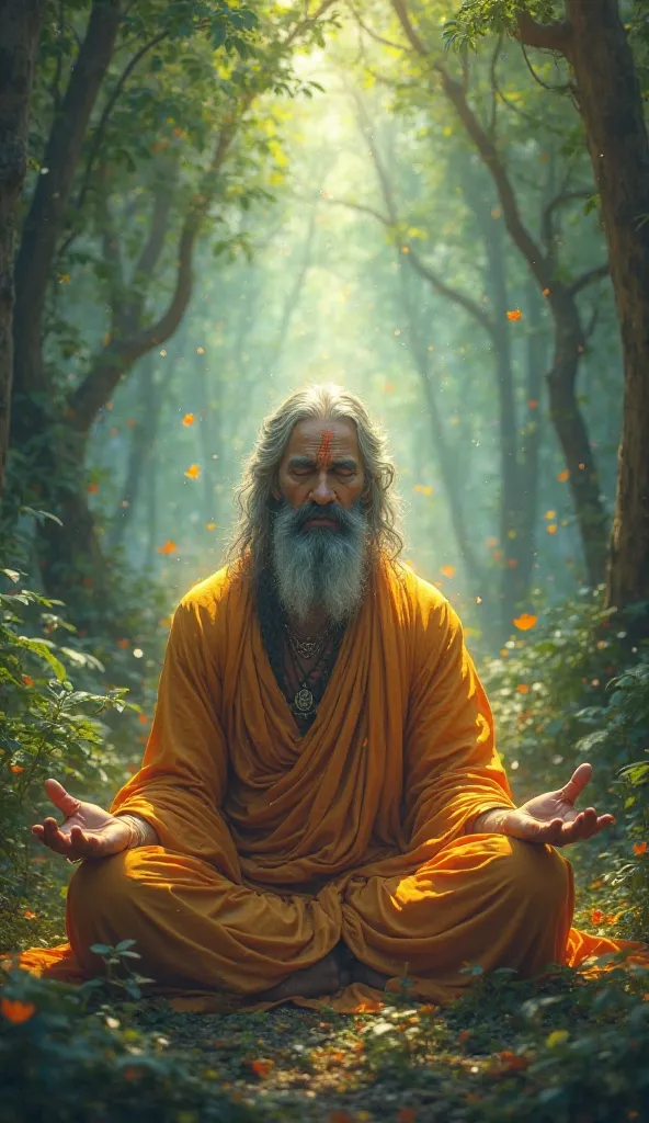 ancient Handsome hindu sage meditating in a deep forest, divine energies surrounded by him, detailed portrait, serene expression, sitting cross-legged, flowing robes, glowing aura, lush greenery, sunbeams, mystical atmosphere, fantasy concept art, digital ...