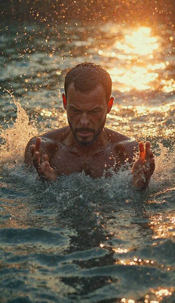 Ripples and small waves forming around the struggling .

Sunlight reflecting on the water surface.

Wet splashes near the ’s hands.