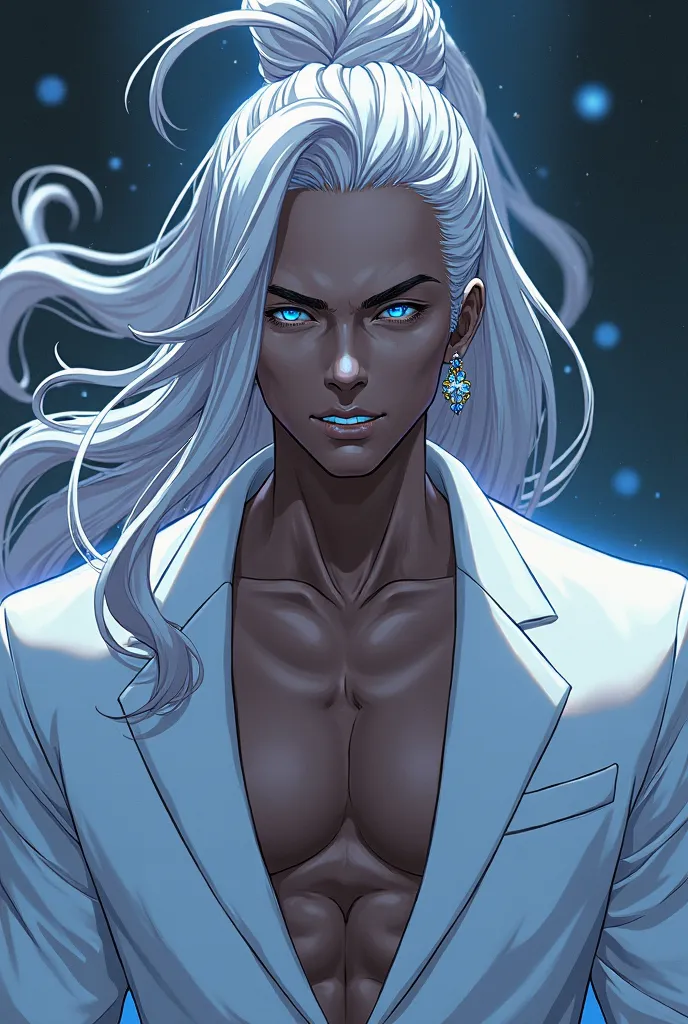 anime version: a dark-skinned man with long silver hair weighing in a bun, leaving a lock over your face going up to the nose, deep blue eyes, Your teeth are gold,over your ears crystalline earrings, wears a white suit without ties,