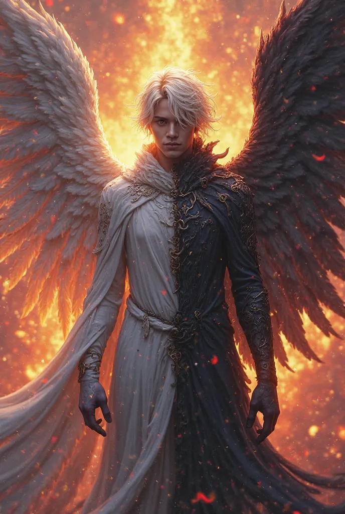 Create an angel and a demon, both men, version anime, with platinum hair, both with wings and with two colors of fire in the background. Both must be androgynous anime men