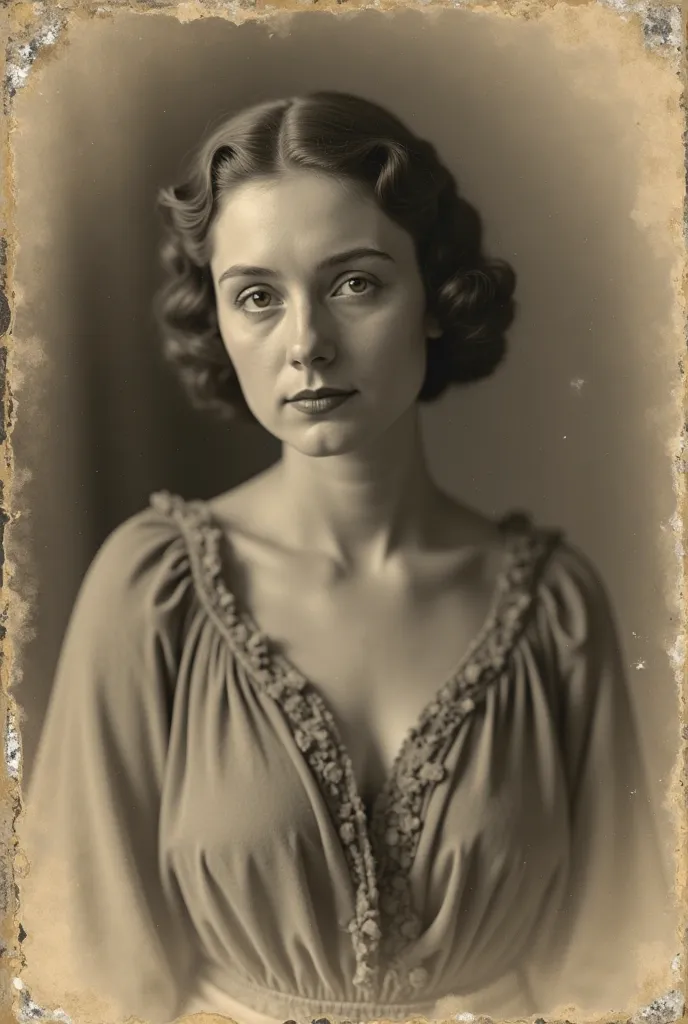 An old, worn and dusty vintage photo with faded edges shows the image of a woman from the 1930s