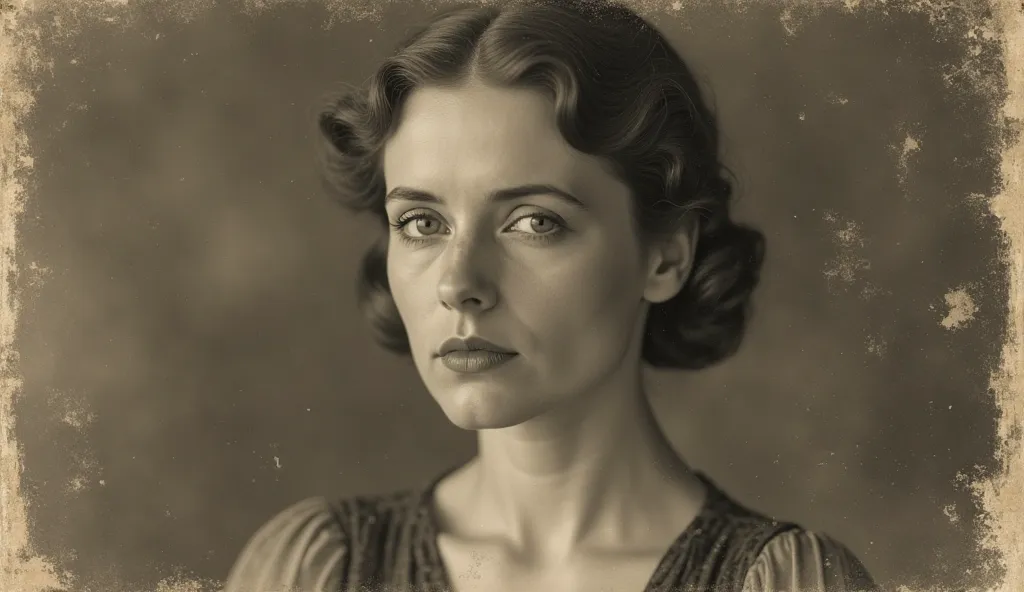 An old, worn and dusty vintage photo with faded edges shows the image of a woman from the 1930s