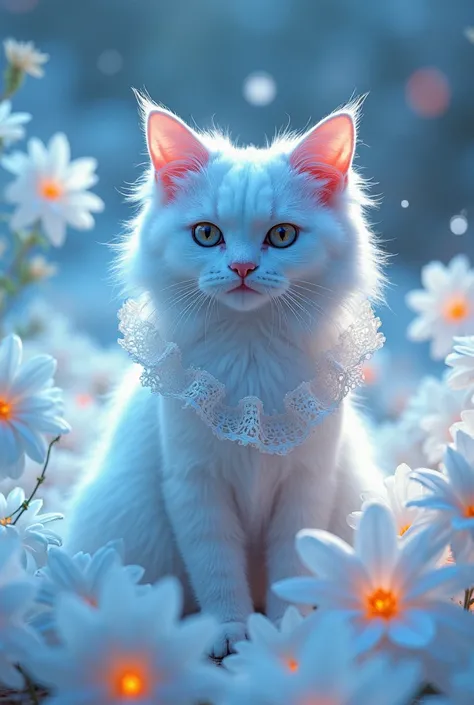 white fluffy cat wearing a white lace fluorescent dress,background white fluorescent flowers