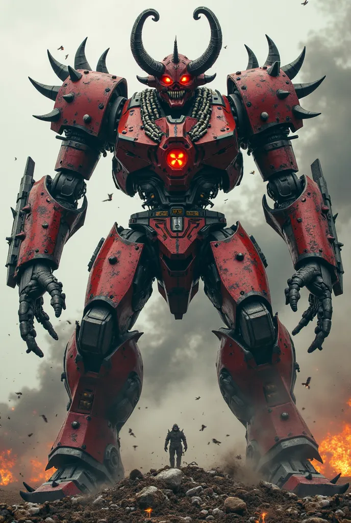 A terrifying Oni-inspired mecha, towering over the battlefield with crimson and black armor resembling demonic warlords from Japanese mythology. The head is shaped like a fearsome Oni mask, with glowing molten-orange eyes and massive mechanical tusks. The ...