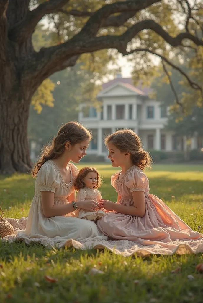 In the style of the movie Gone with the Wind, two sisters playing at the picnic one  and the other  with a porcelain doll in their hand 