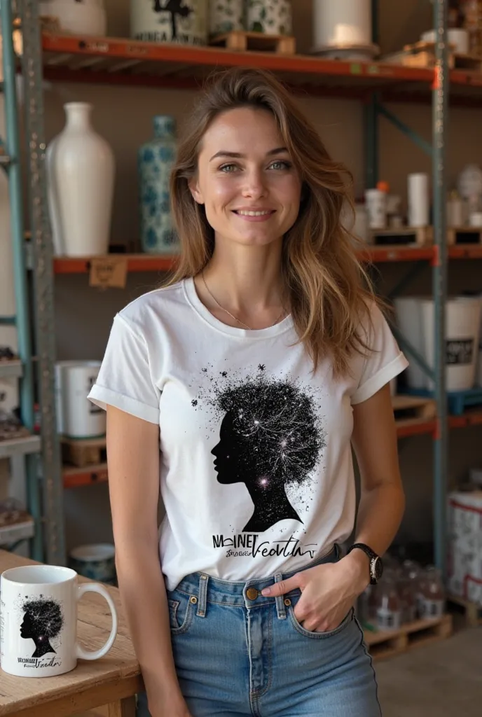 Very nice warehouse ,  store with many products and with printed t-shirts , Vases, caps and a pretty model showing a t-shirt with the following print and also next to a table a mug with the same design: “Woman, constelación eterna” 🌌✨
🔹 Ilustración: A fema...