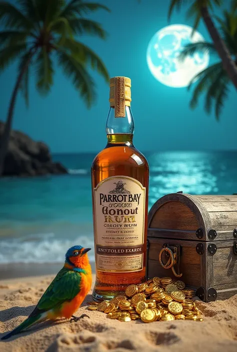 "A bottle of Parrot Bay coconut rum placed on a stunning Hawaiian island beach. The scene features swaying coconut trees in the refreshing breeze, soft golden sand, and a weathered wooden pirate chest with a grayish, cracked texture beside the bottle. Gold...