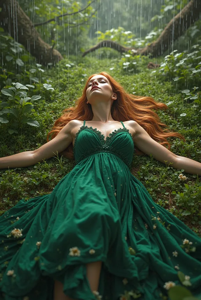 A young woman laying on her back arms spread out on the forest ground. Her hair light strawberry blonde silk straight hangs stopping just above her shoulders, her skin tan from days in the sun. It’s pouring rain around her. 

Her dress blended in with the ...