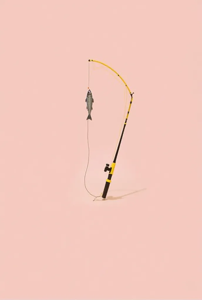 "A yellow and black fishing rod with a reel, extended and holding a fishing line. A fish with realistic scales and details is hooked on the line, hanging in the air. The background is a solid pastel pink, creating a contrast with the fishing rod and fish. ...