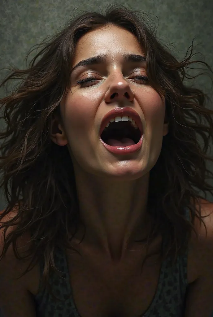 A woman with an open mouth, head raised and hair falling over her shoulders.