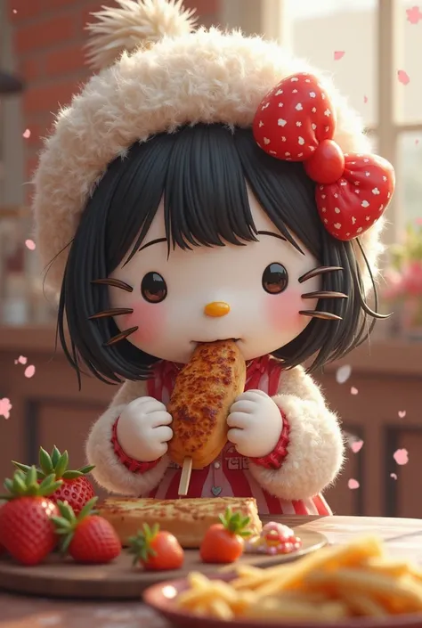 Make an image of Hello Kitty in aesthetic clothes and with eyelashes and black hair eating kebab 