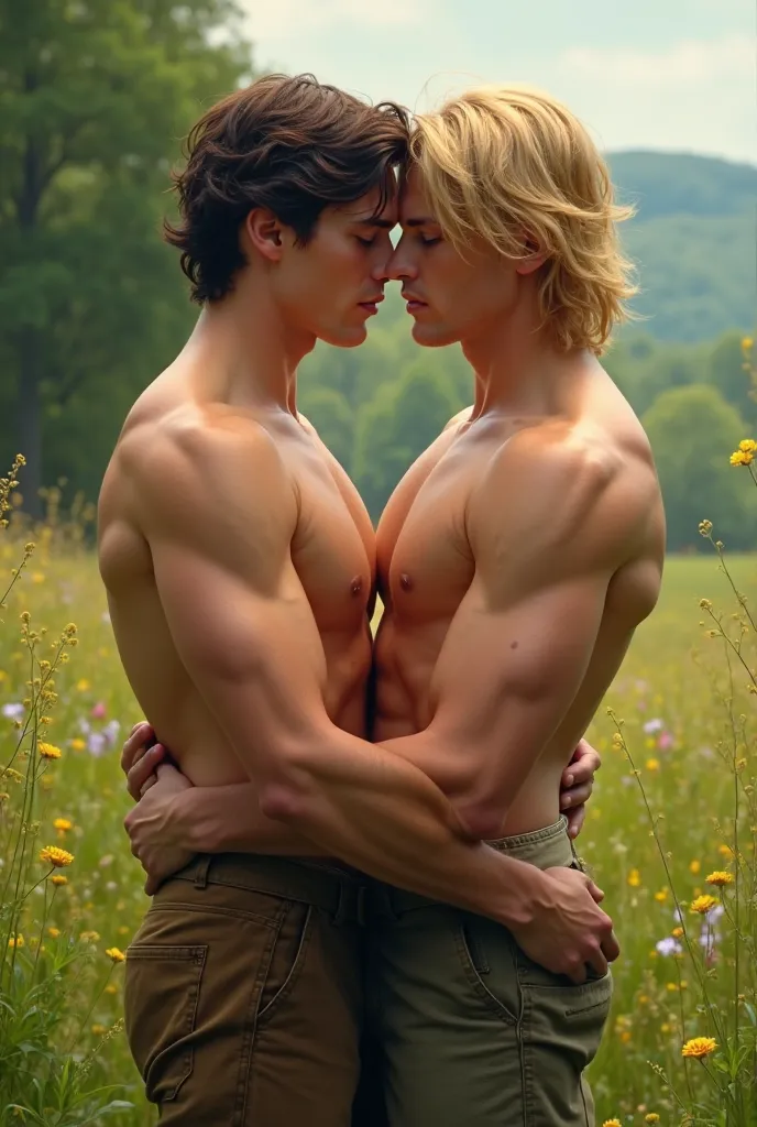  22-year-old male , white-skinned man making love with another 22-year-old blond man in a green landscape, It's the 1800's