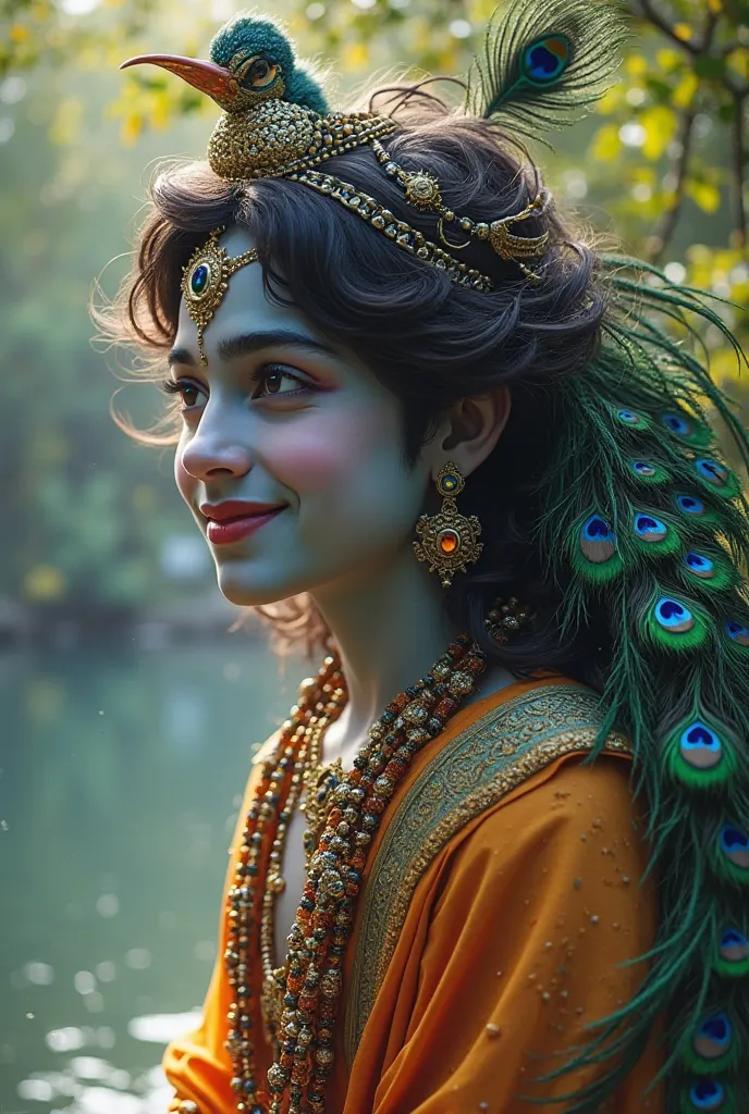 Lord krishna with smiling face and in hair over feathers of peacock and view is in the bank of river.